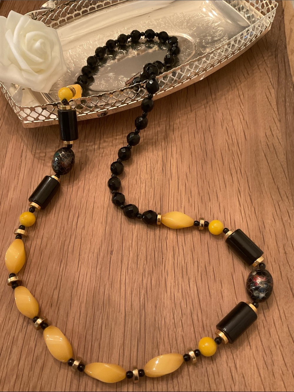 Vintage Yellow and Black Glass Beaded Statement Necklace